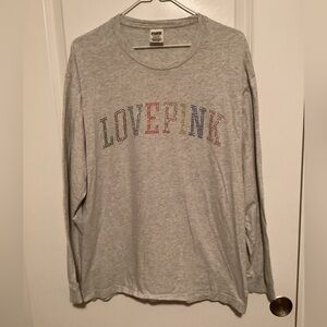 VICTORIA'S SECRET PINK SHINE CAMPUS LONG SLEEVE GRAY TEE W/ RAINBOW CRYSTALS - L